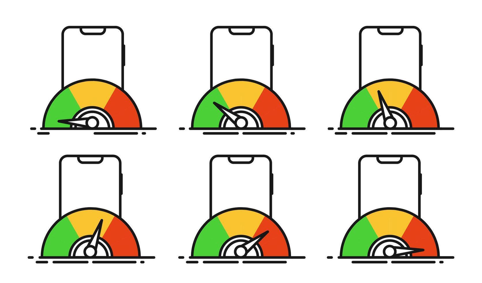 Smartphone speed test gauge illustration showing green, yellow, and red segments. vector