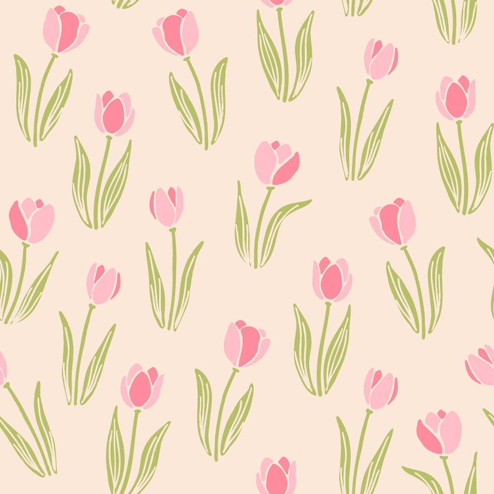 Tender pink tulip flowers with stem and leaves seamless repeat pattern. Cute spring flowers design for paper, fabric, wallpaper. Mother's day, women's day, birthday background. vector