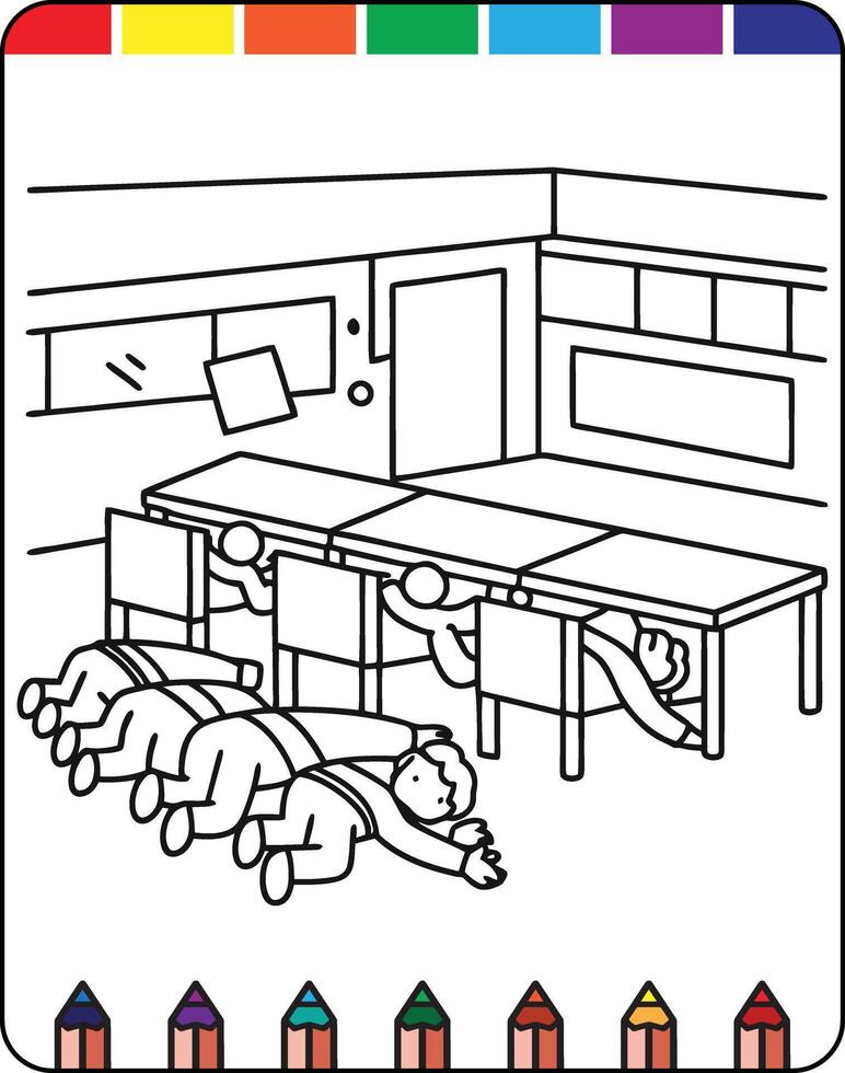 A coloring page with a drawing of a classroom vector