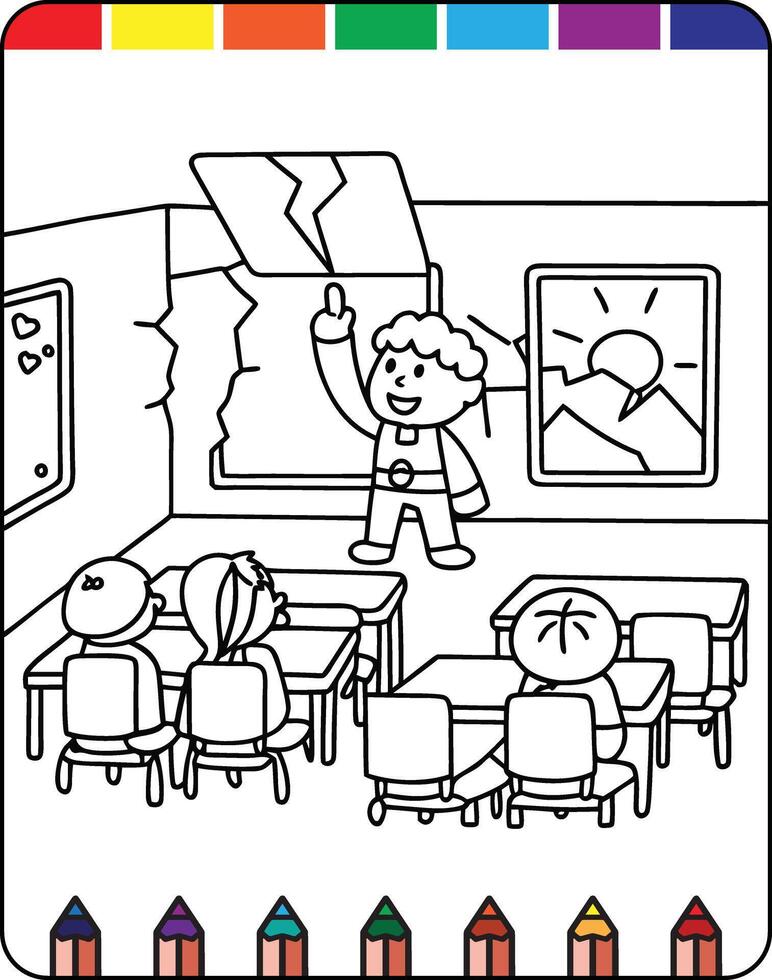 A coloring page with a teacher and students in the classroom vector