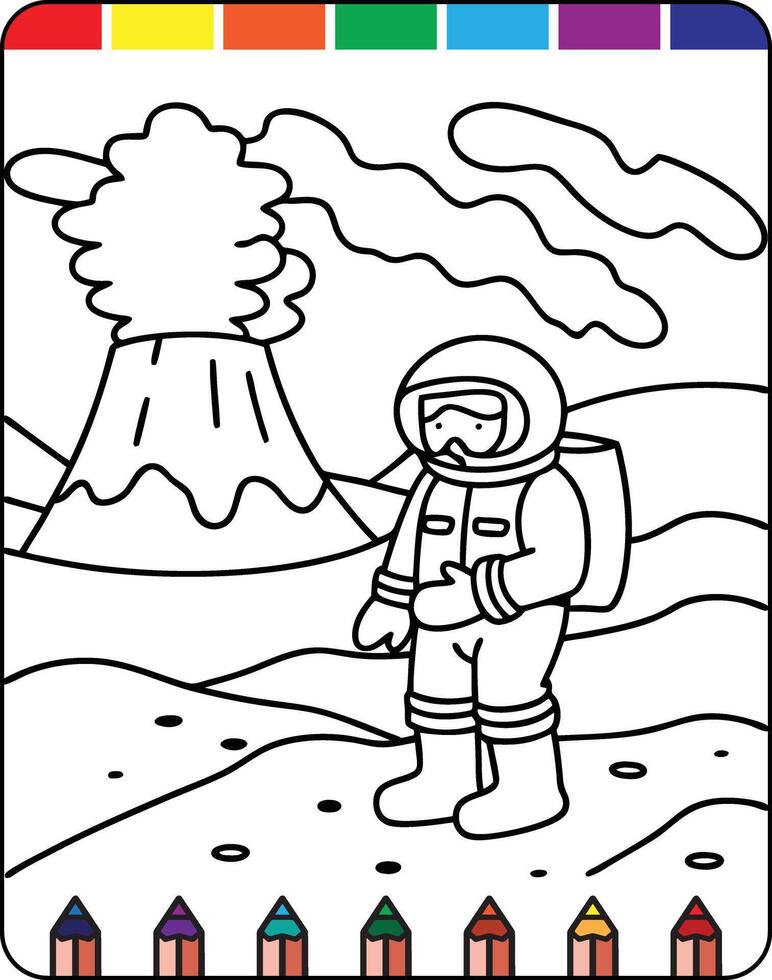 Coloring pages for kids with astronaut and volcano vector