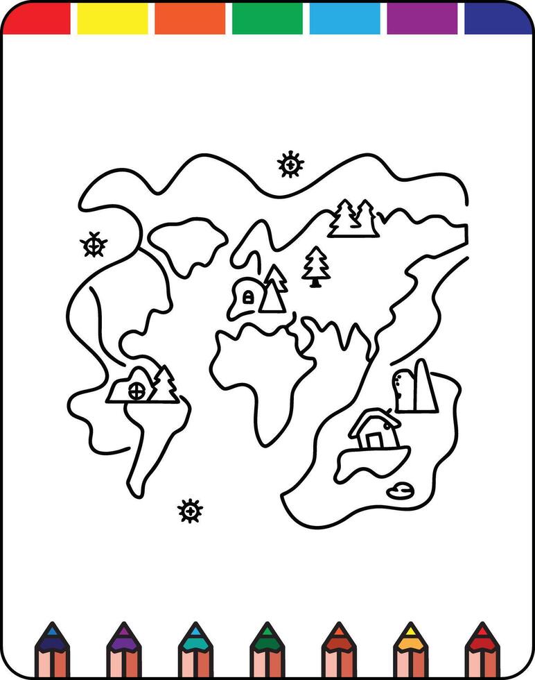 A coloring page with a world map and a few different colored pencils vector