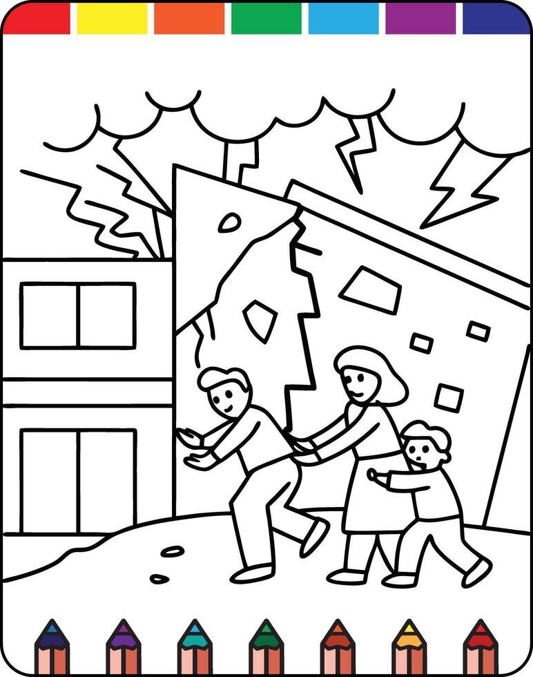 A coloring page with a family and a house vector