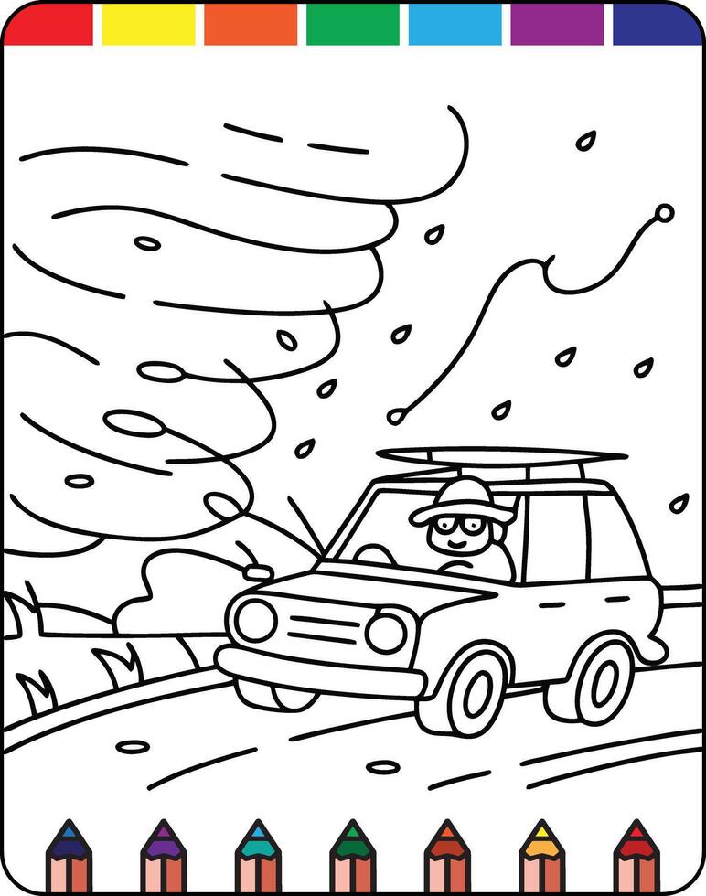 A coloring page with a car driving through the rain vector