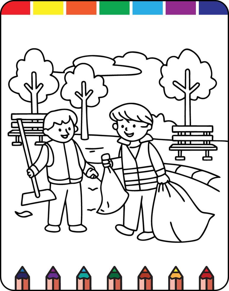 A coloring page with two children and a garbage bag vector