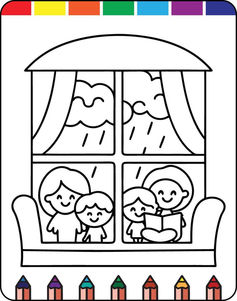 A coloring page with a family sitting in the window vector