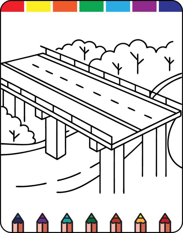 A coloring page with a bridge and a road vector
