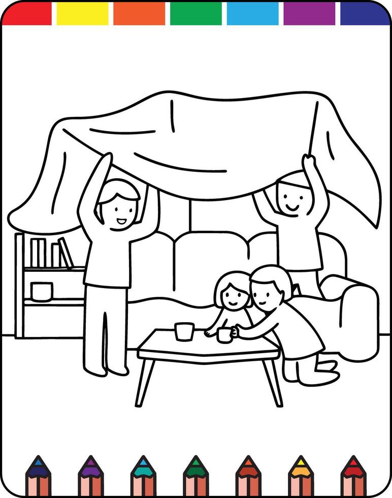 A coloring page with a family under a blanket vector