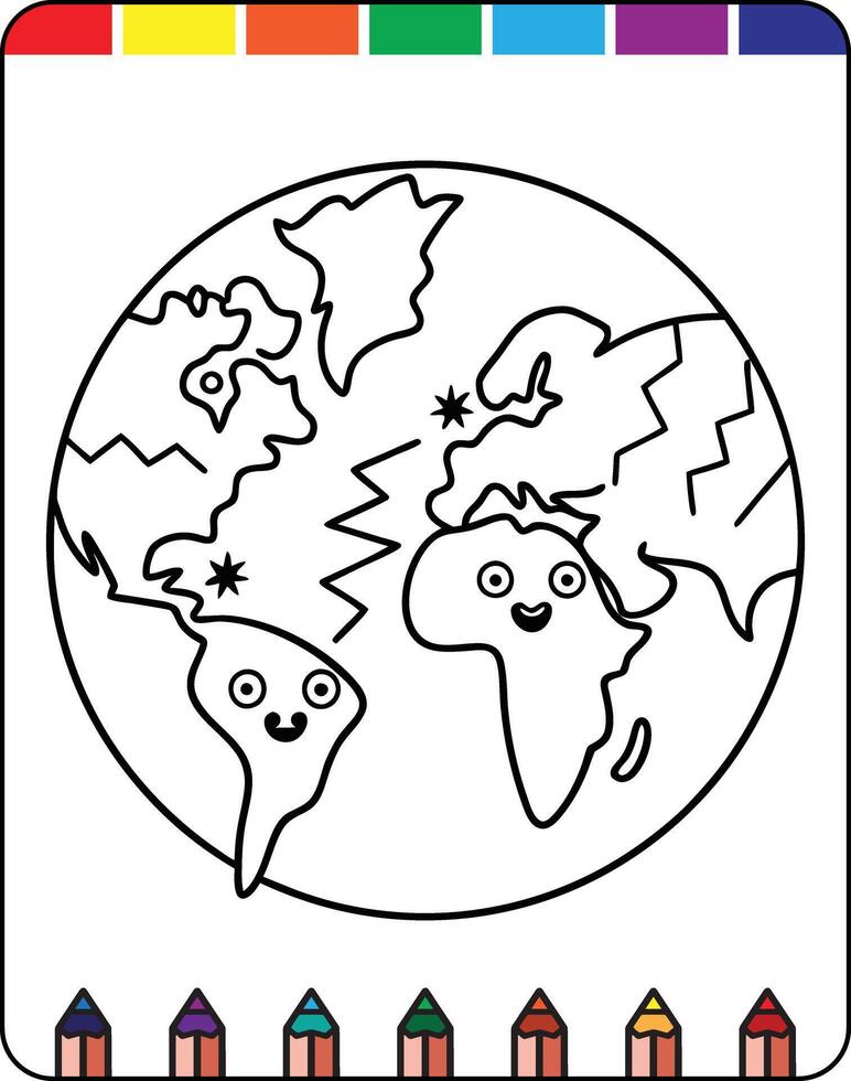 A coloring page with a cartoon earth and a smiley face vector
