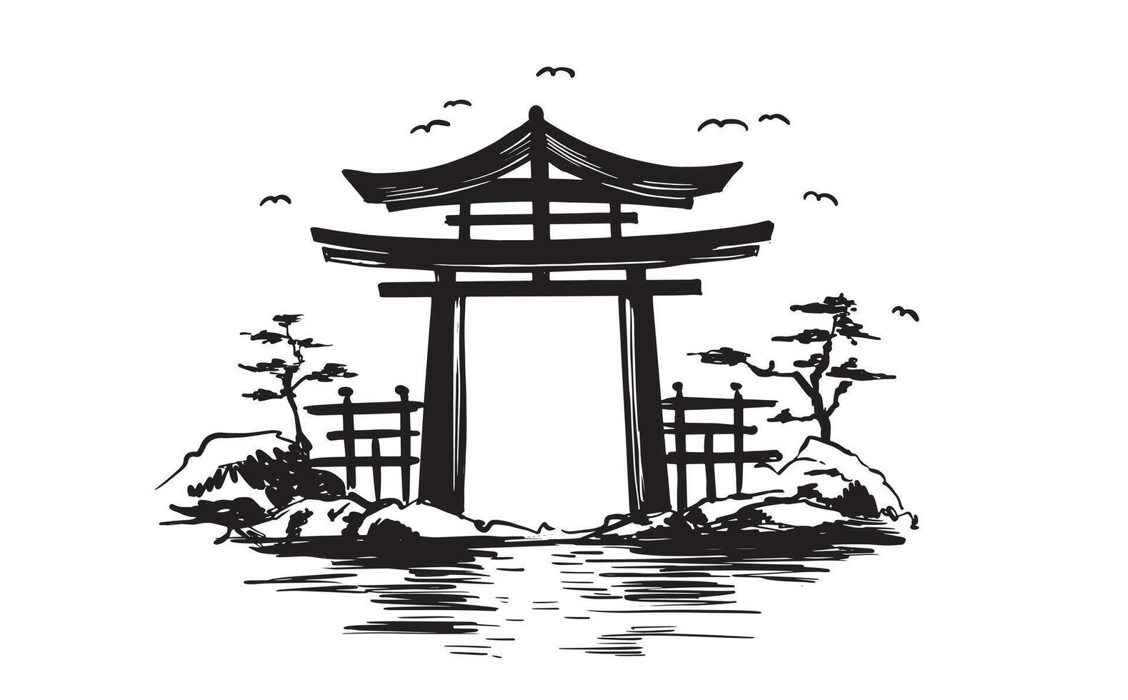 Japanese gate black on white, sketch. vector