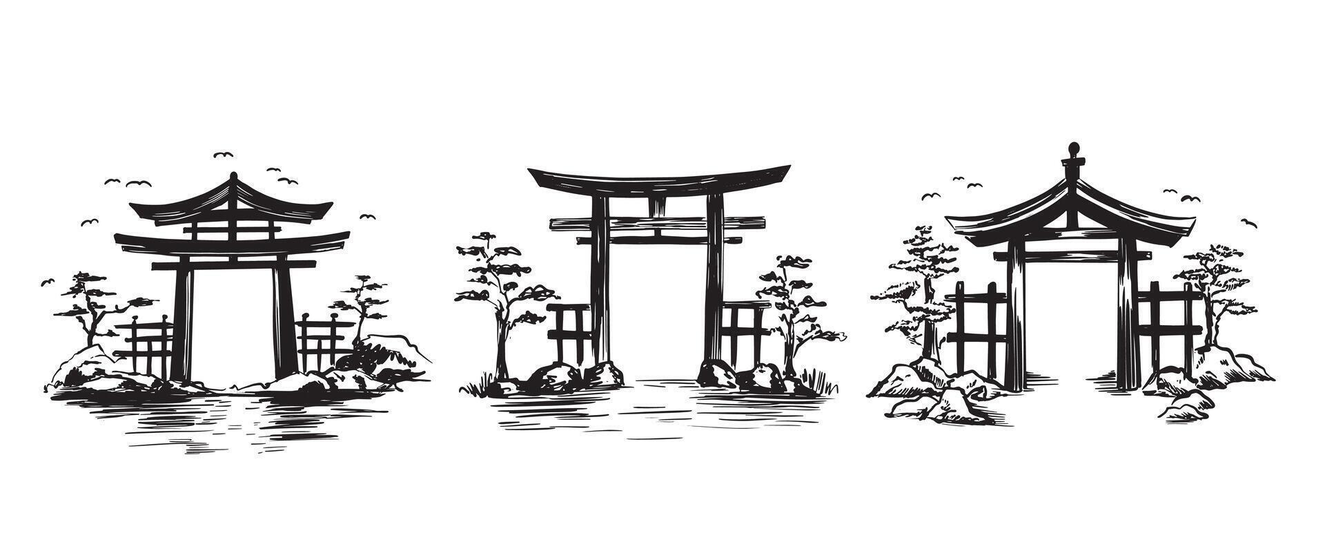 Japanese gate black on white, sketch vector