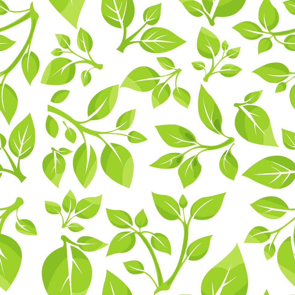 Leafy green illustration with a variety of plant shapes on a white background. Seamless pattern vector