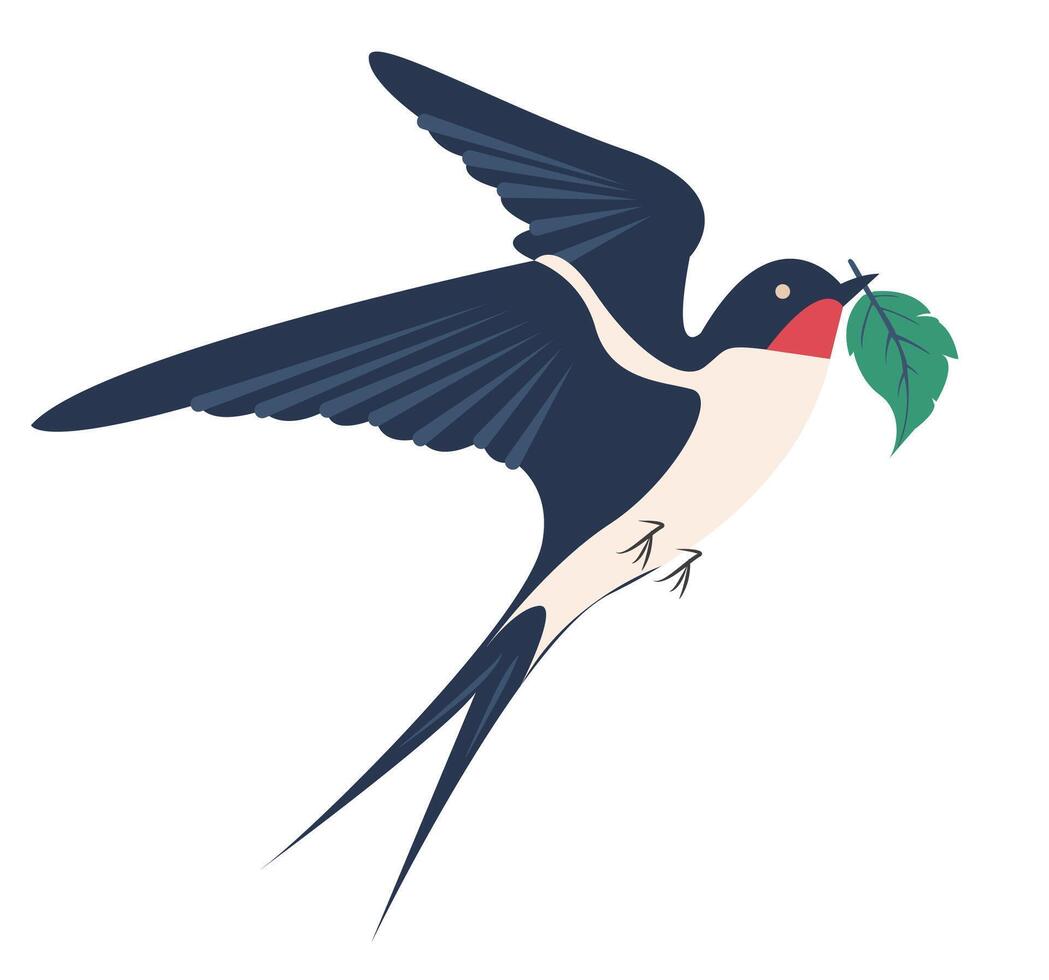 Swallow bird flying with a green leaf in its beak in a simple illustration style vector