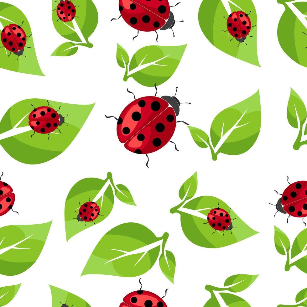 Bright red ladybugs and green leaves create a vibrant nature seamless pattern illustration for springtime decoration vector