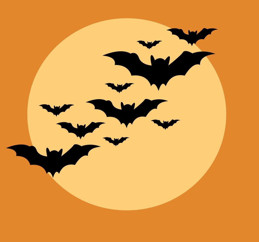 Black bats flying against a large orange moon during a night sky filled with autumn ambiance, halloween background vector