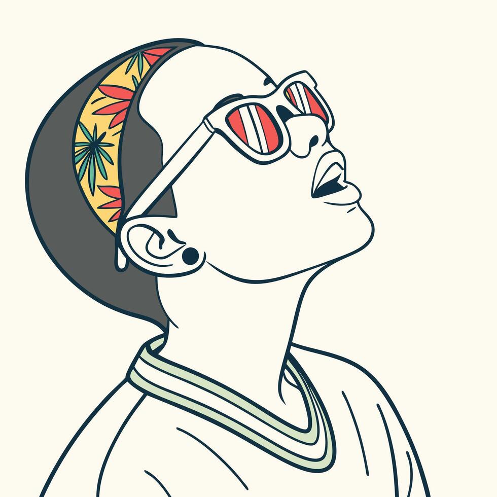 Summer Girl Minimalist Line Art Illustration with Red Sunglasses and Floral Headband. vector