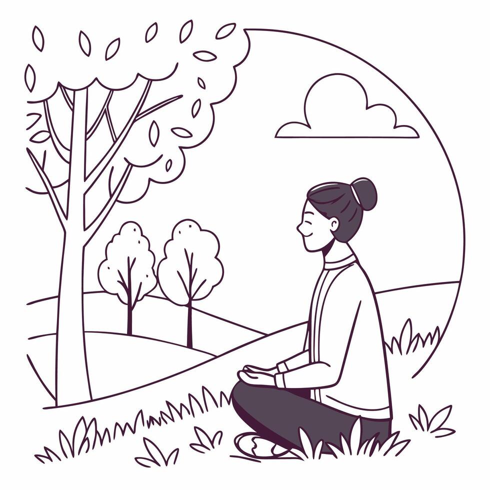 Mindfulness Meditation Woman Meditating in Peaceful Autumn Nature Scene Line Art Illustration. vector