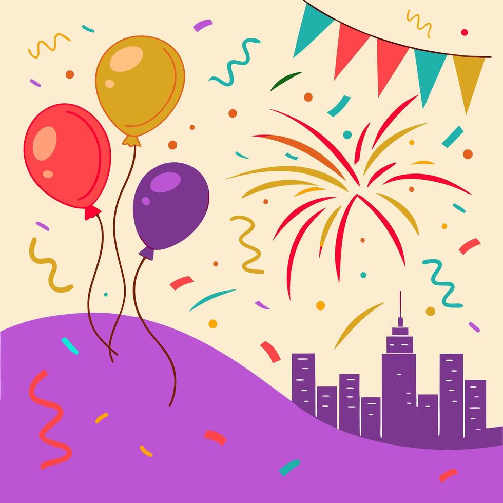 Festive City Celebration Balloons, Fireworks, Colorful Illustration vector