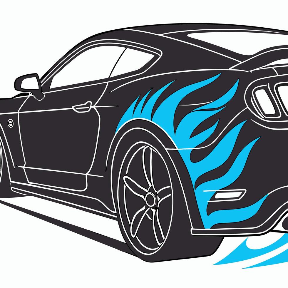 Professional Mustang Graphic Black Muscle Car with Cyan Flames. vector