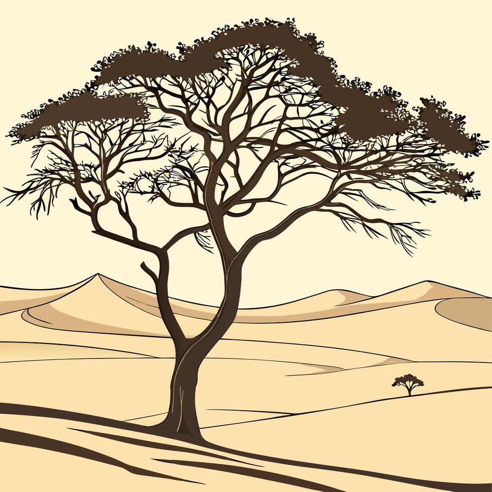 Desert Acacia Tree Silhouette Elegant Brown and Beige Landscape Illustration. vector