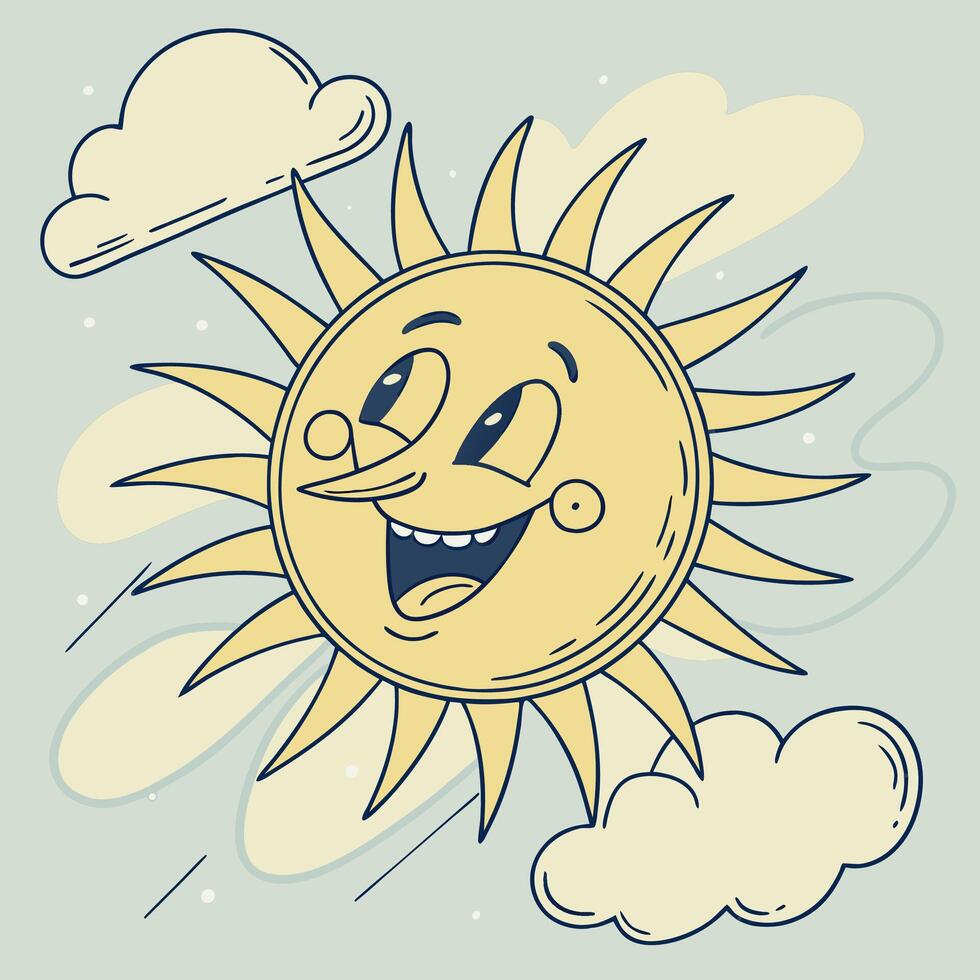 Happy Sun Cartoon Illustration Pastel Yellow Line Art Kids, Summer. vector