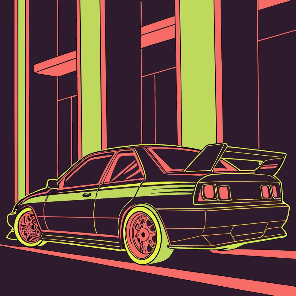 Retro 90s JDM Sports Sedan Colorful Illustration Sleek Design. vector