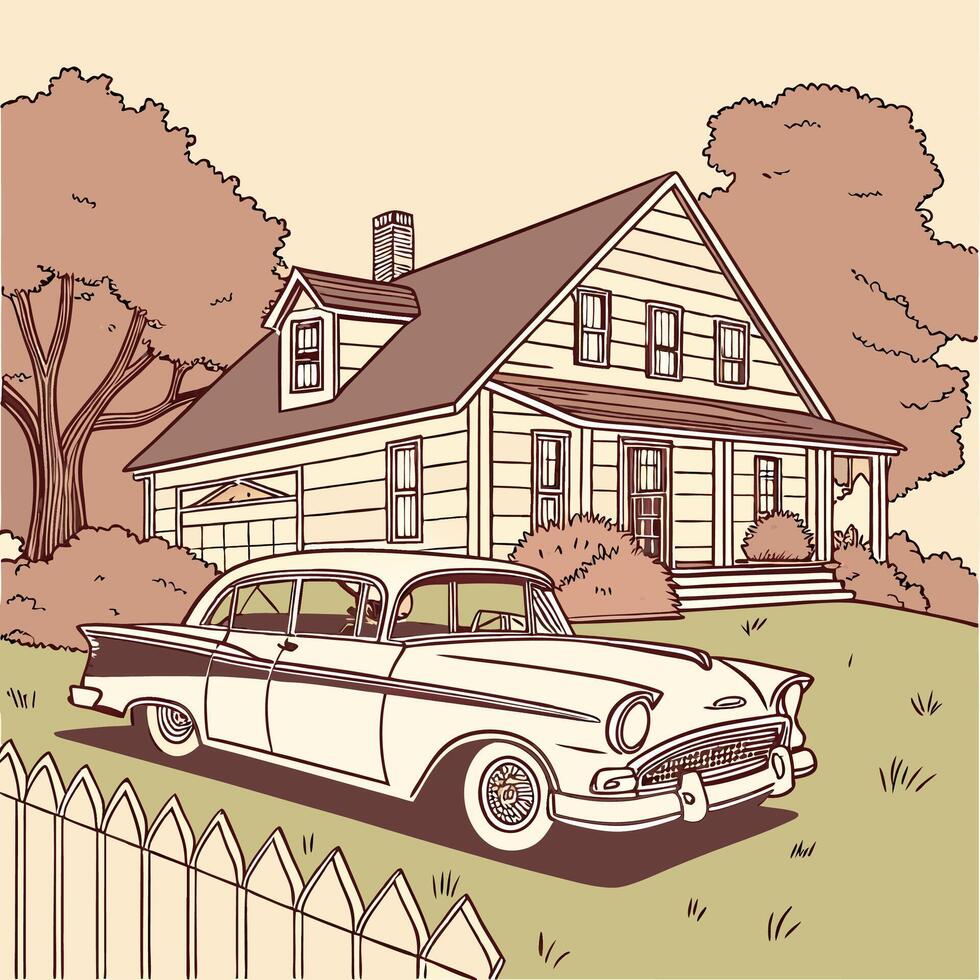 Vintage Cream Classic Car at Suburban Home Retro Illustration. vector
