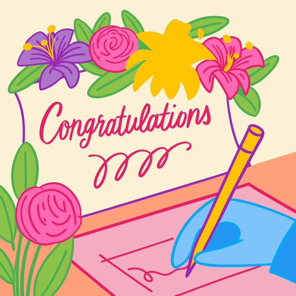 Floral Congratulations Card Hand-Drawn Design, Bright Colors, Festive vector