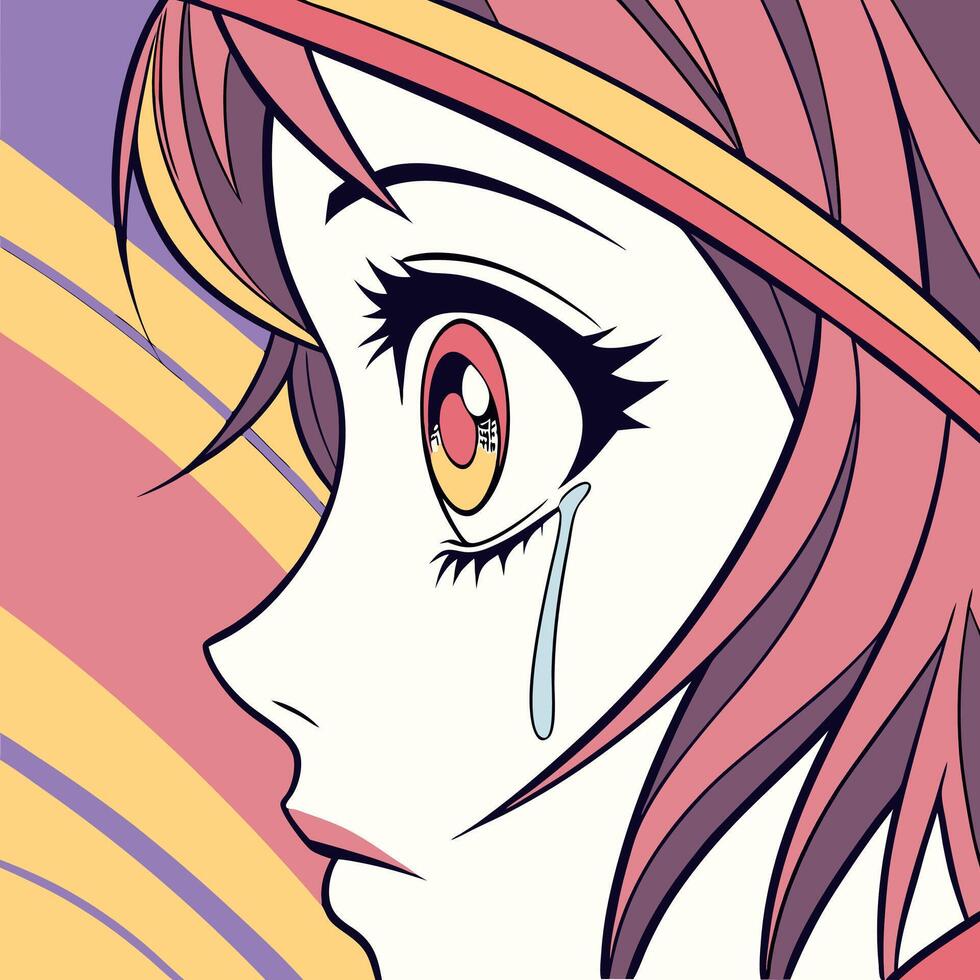 Anime Girl Crying Profile Pink Hair. vector