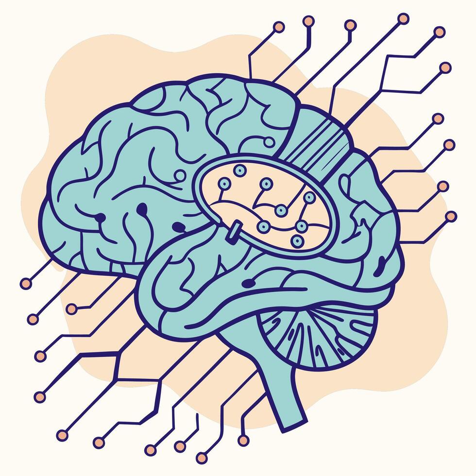 AI Brain Detailed Teal Neural Network Illustration High Resolution Graphic. vector