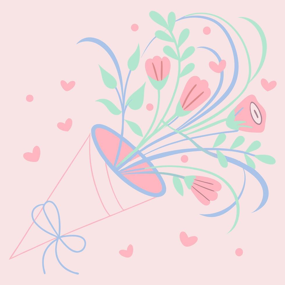 Pastel Pink Flower Bouquet Illustration Delicate Floral Design in Pink and Blue vector