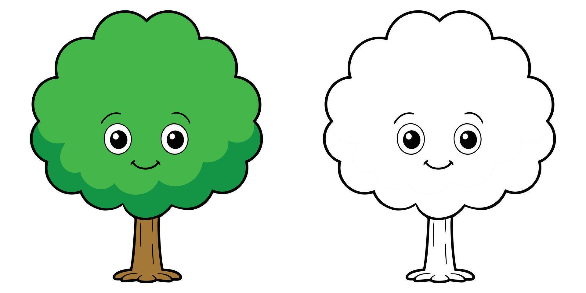 Cute Tree Cartoon Mascot Coloring Book For Kids Printable Outline vector