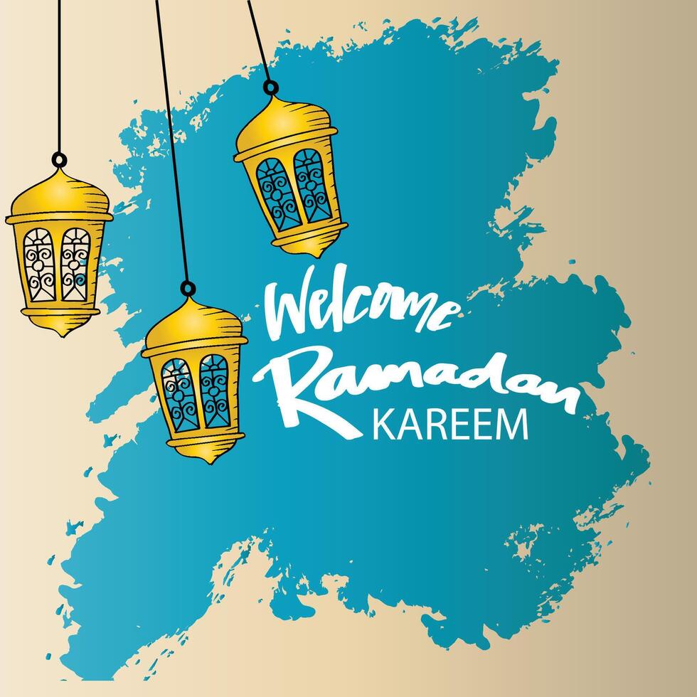 Welcome ramadan with lanterns arabic. Islamic Greeting Ramadan Concept. vector