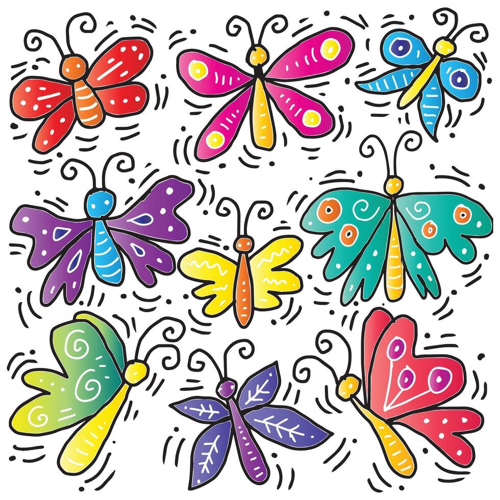 Set of cute cartoon butterflies. Hand drawing illustration. vector