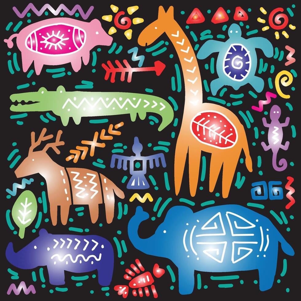 a set of hand drawn doodle ethnic animal icons. vector