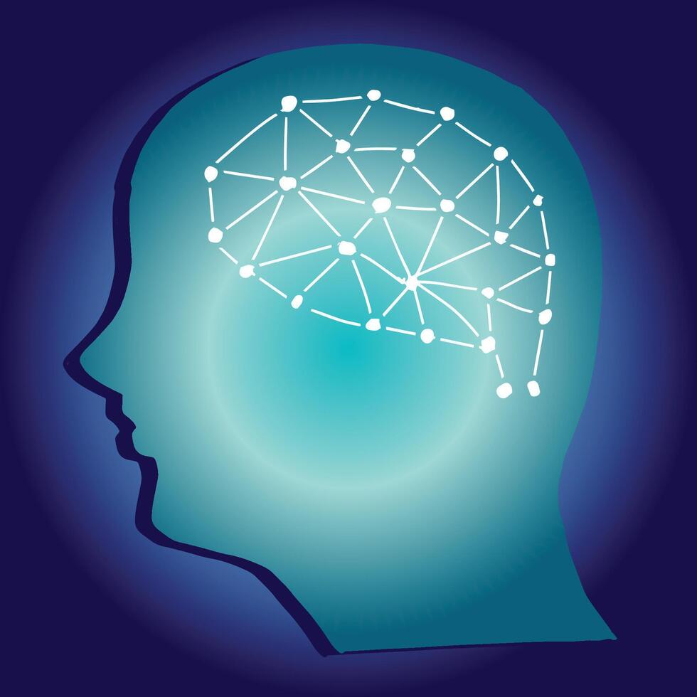Human head silhouette with polygonal network on blue background. vector