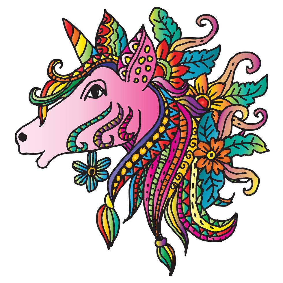 Unicorn head. Hand drawn illustration in ethnic style. vector