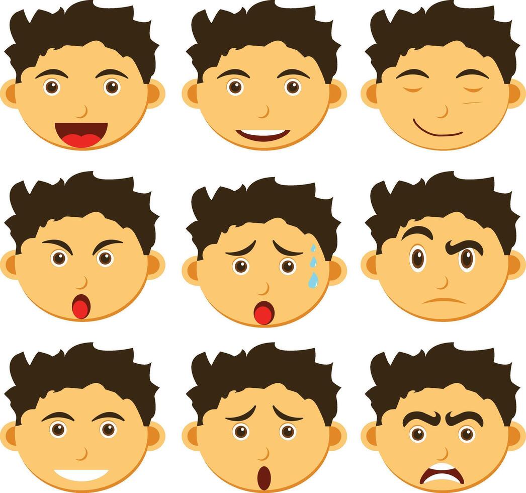 A set of 9 diverse facial expressions, ranging from happy to sad, perfect for creating engaging characters or illustrating emotions vector