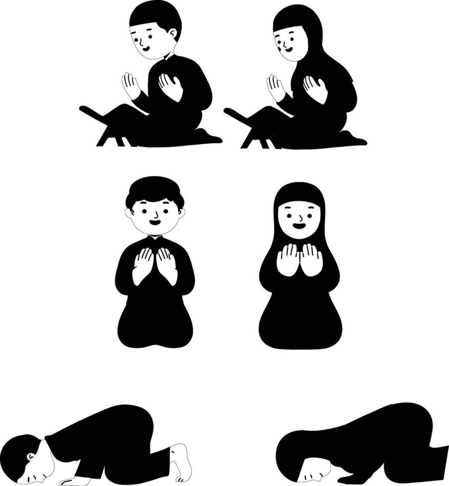 Flat Design Islamic Prayer, Reading Quran, and Dhikr Icons vector
