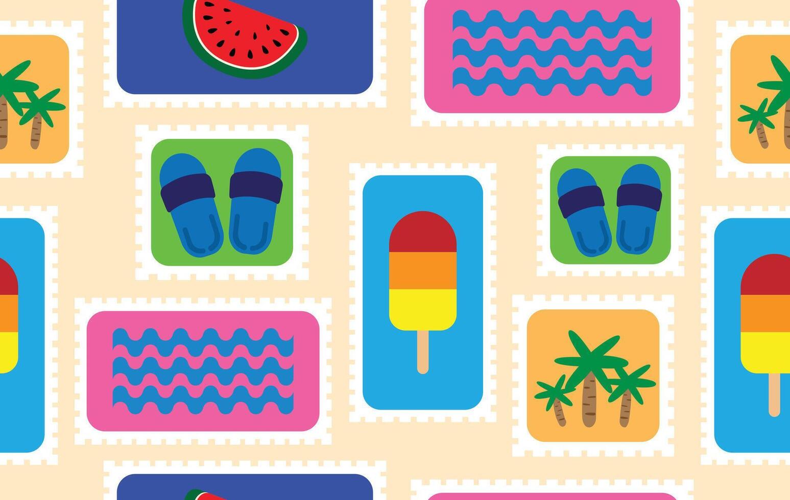 Summer pattern seamless fabric summer season. beach elements on stamp frames on yellow. Designed for background ,wallpaper ,summer pattern ,wrapping paper ,travel ,holiday ,weekend ,vacation ,trip vector