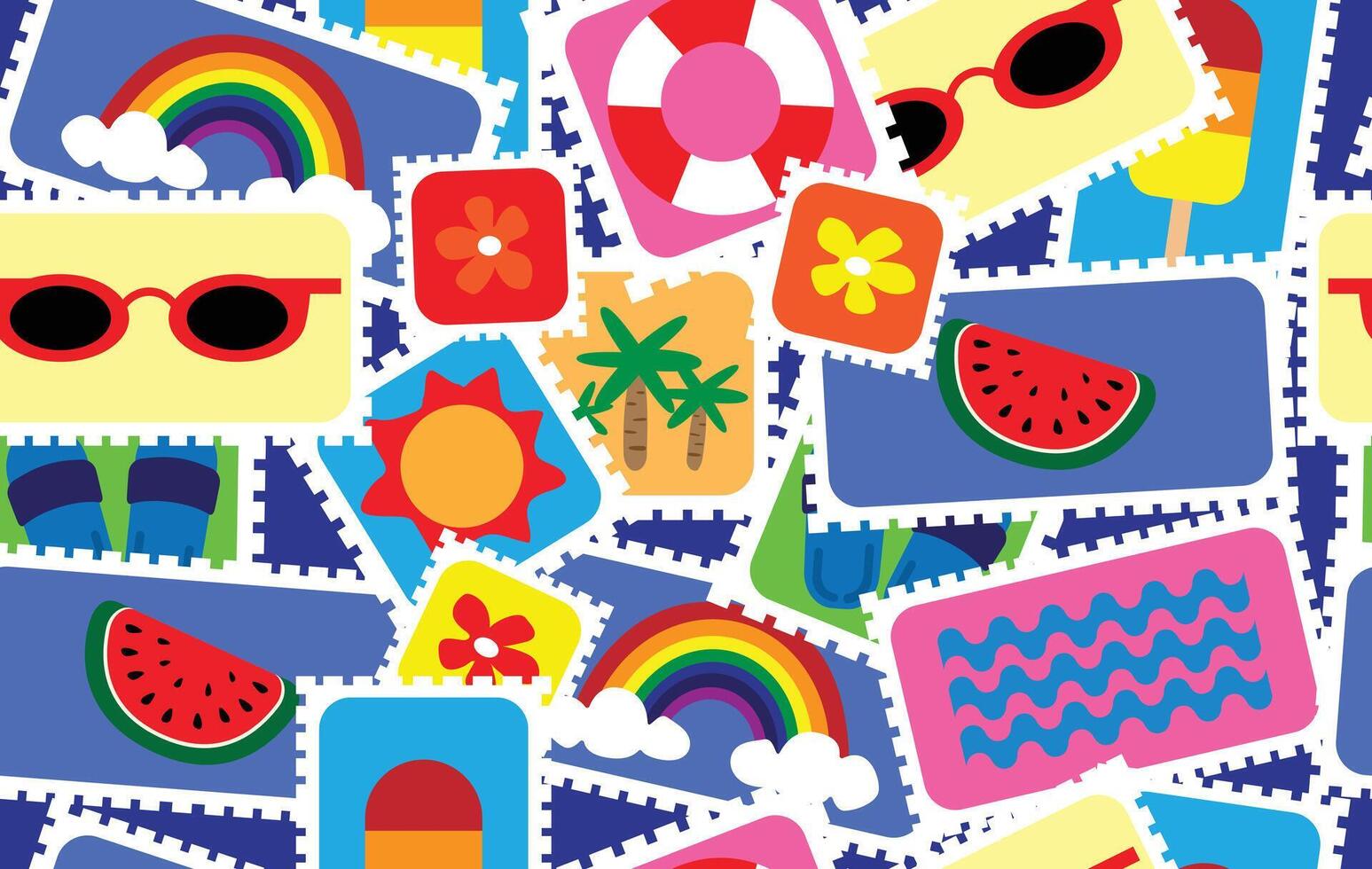 Summer pattern seamless fabric summer season. beach elements on stamp frames on blue. Designed for background ,wallpaper ,summer pattern ,wrapping paper ,travel ,holiday ,weekend ,vacation ,beach vector