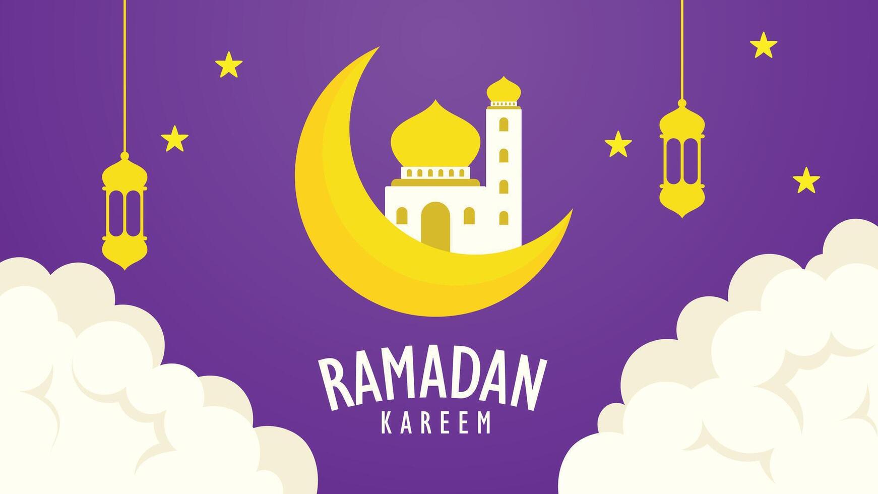 Ramadan kareem greeting card background cute purple mosque in moon and cloud, islamic fasting month vector