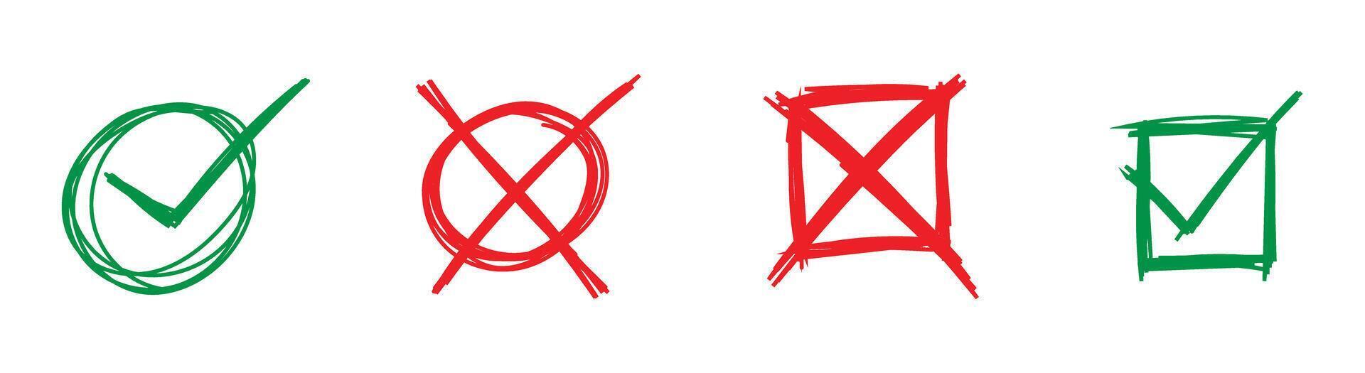 check and cross sketch grunge hand drawing green and red mark circle rectangle box vector