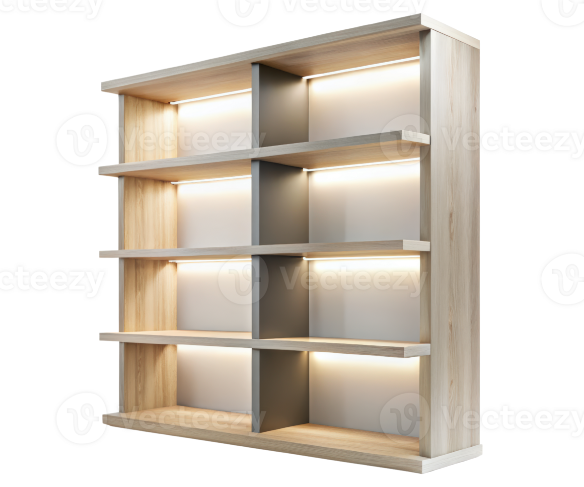 A bookcase with lights on it in a dark room png