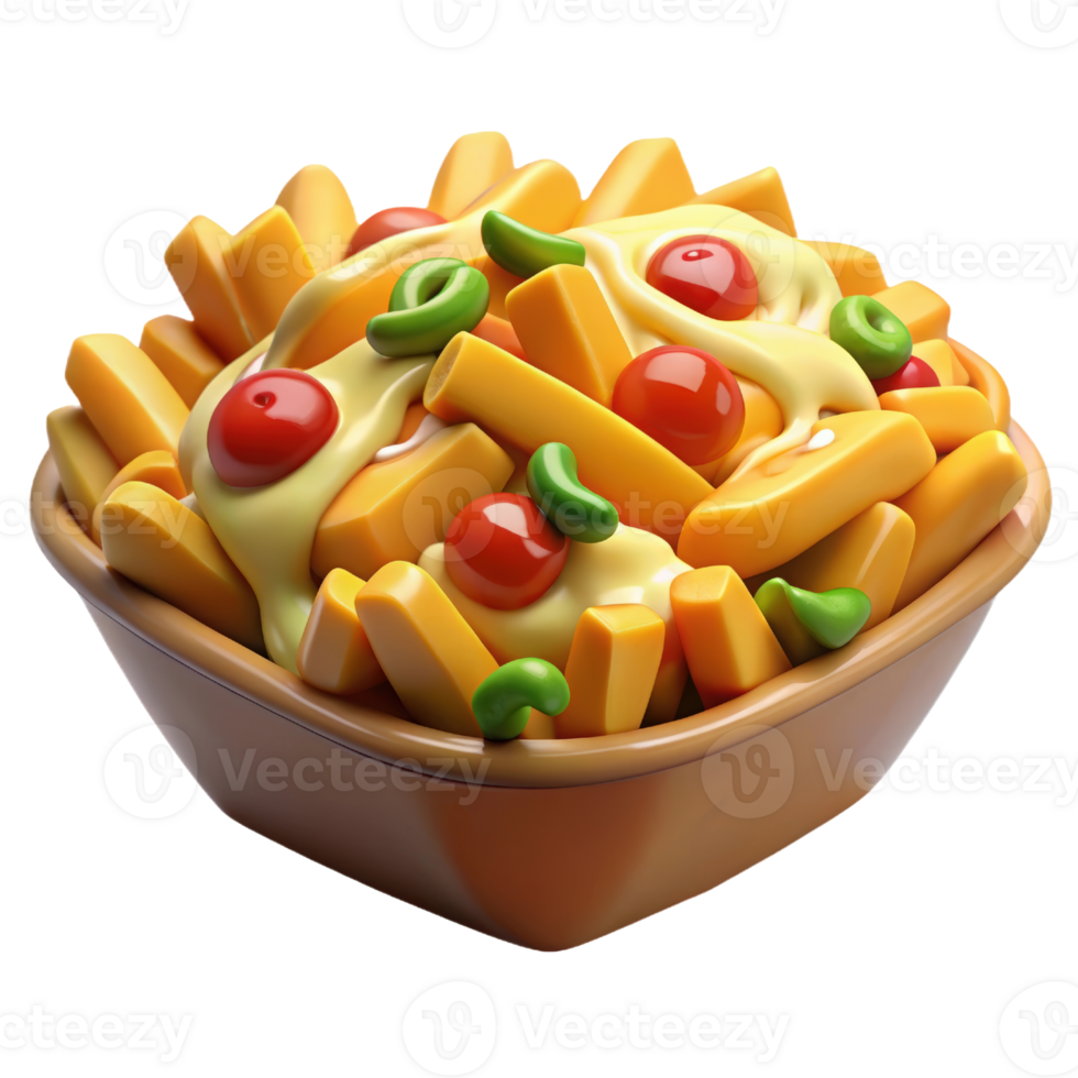 A bowl of french fries with cheese and tomatoes png