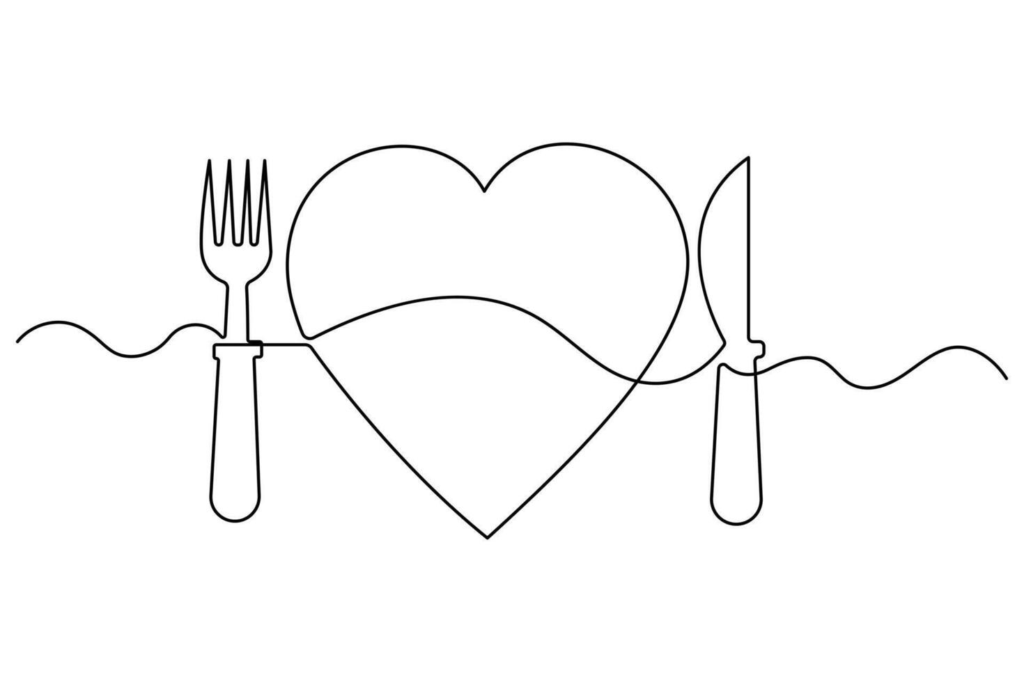 Continuous one line drawing of Love knife and fork art illustration vector