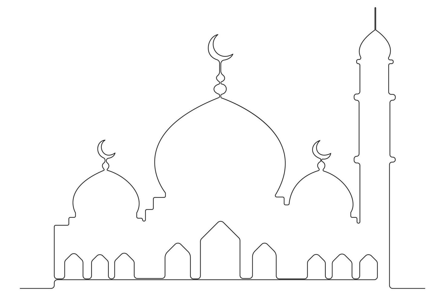 Continuous one line Crescent Mosque, ramadan islamic outline art illustration. vector