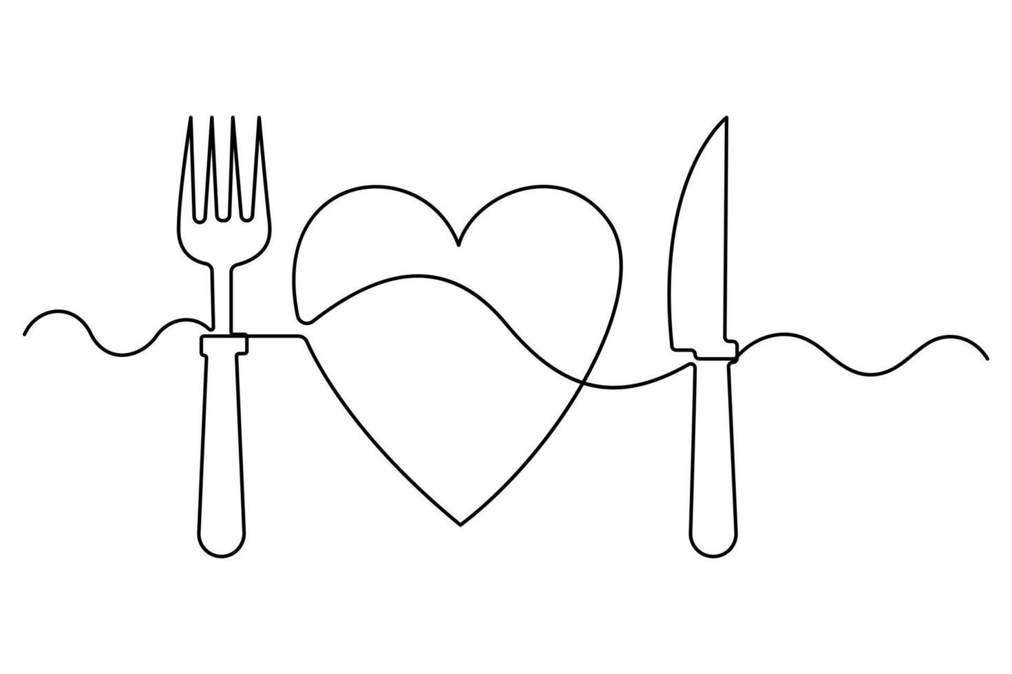 Continuous one line drawing of Love knife and fork symbol isolated on white background outline art illustration vector