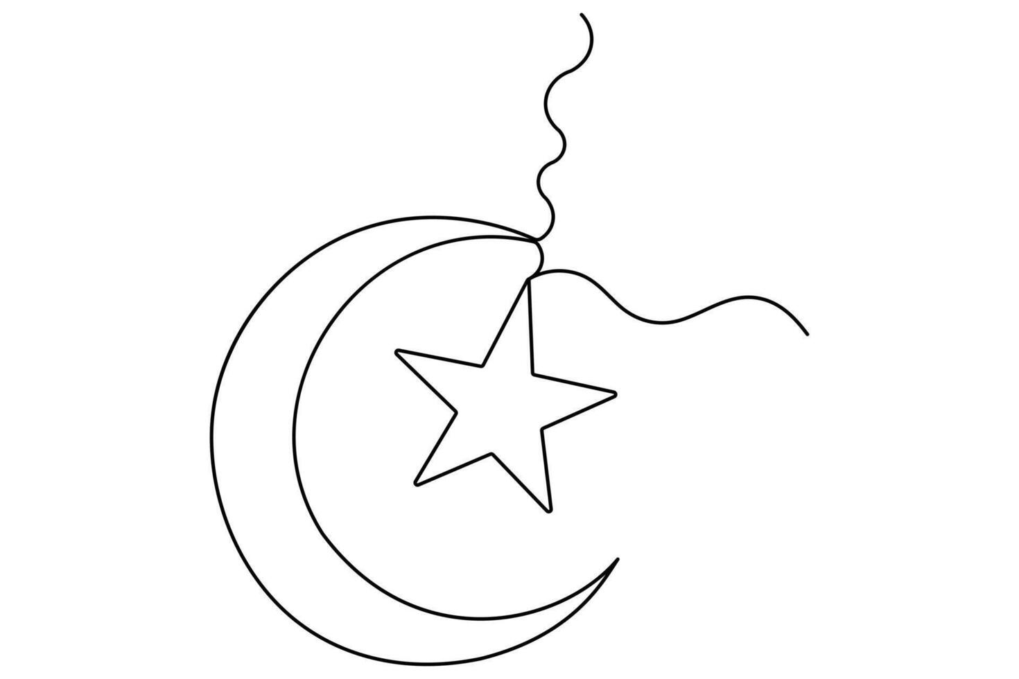 Continuous one line Crescent moon and star symbol outline art illustration vector