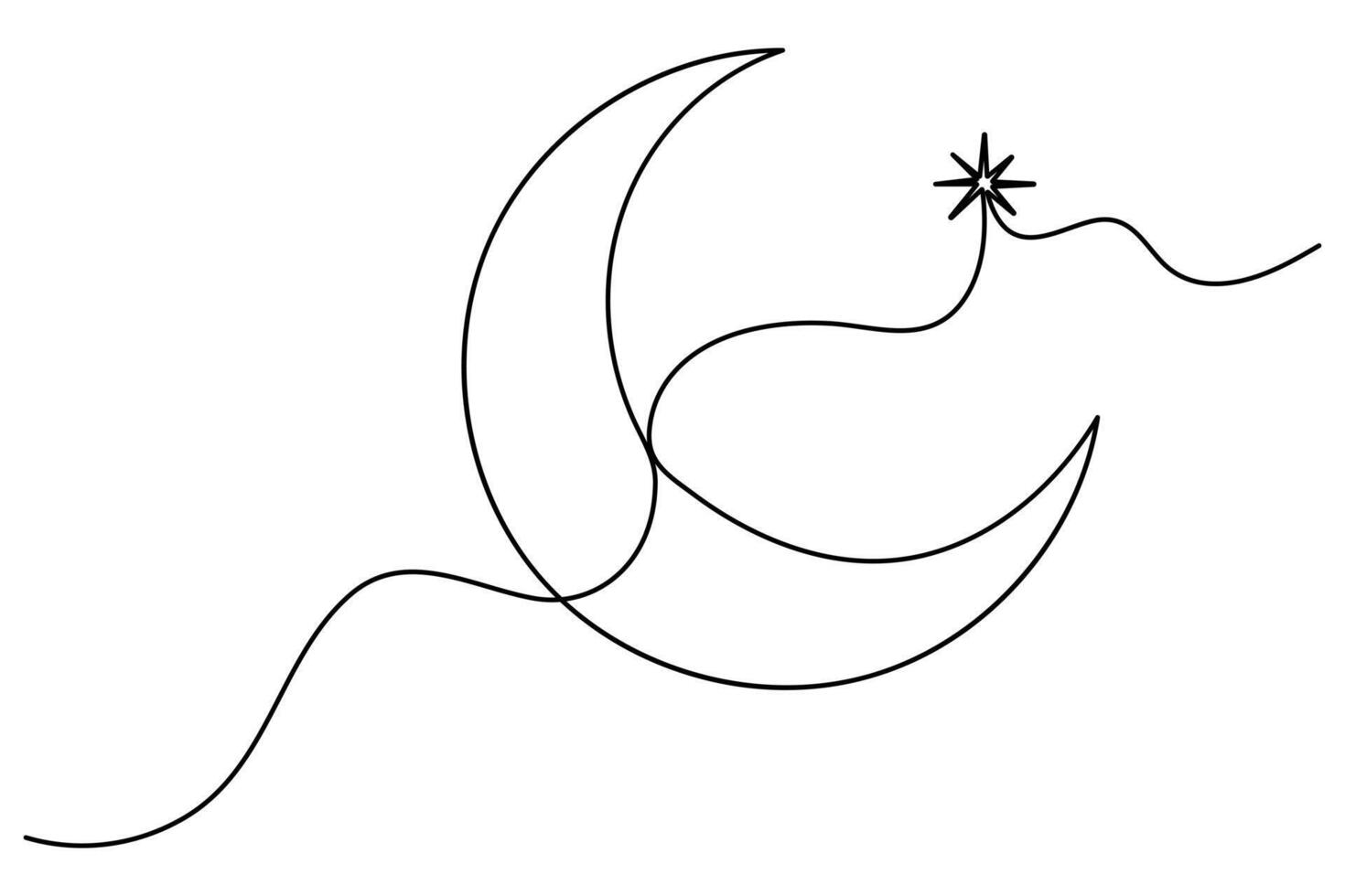 Continuous one line drawing of Crescent moon and star Ramadan outline art illustration vector